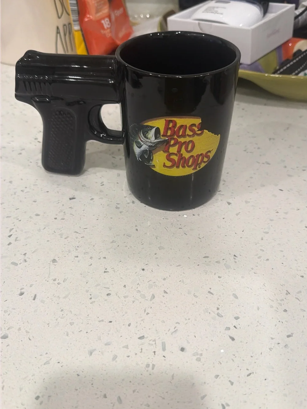 Bass Pro Shops Black Mug with Yellow Logo and Gun Handle